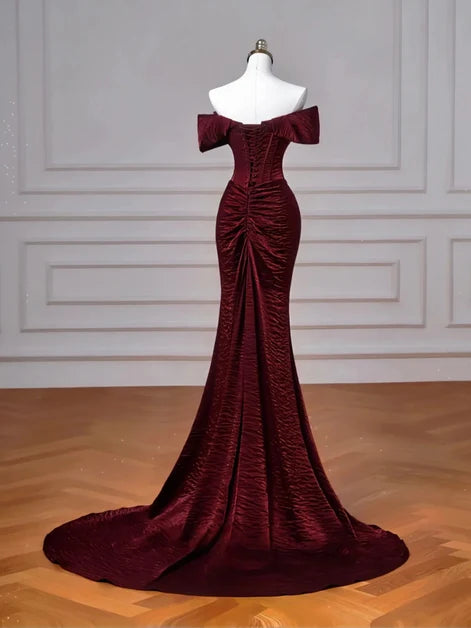 Burgundy Velvet Mermaid Off-the-Shoulder Lace-Up Floor-Length Dress Back View - Aabei Dress