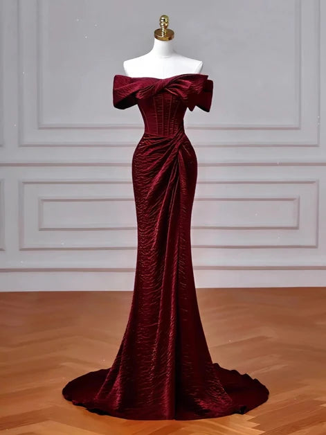 Burgundy Velvet Mermaid Off-the-Shoulder Lace-Up Floor-Length Dress Front View - Aabei Dress