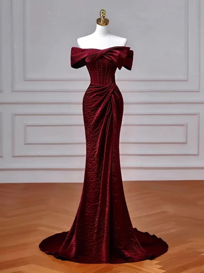 Burgundy Velvet Mermaid Off-the-Shoulder Lace-Up Floor-Length Dress Front View - Aabei Dress