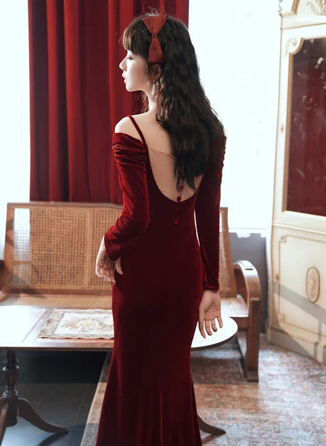 Burgundy Velvet Mermaid Square Neck Illusion Floor-Length Dress Back View - Aabei Dress