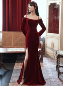 Burgundy Velvet Mermaid Square Neck Illusion Floor-Length Dress Front View - Aabei Dress