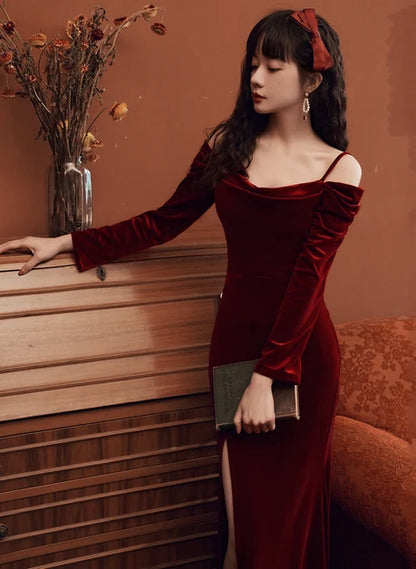 Burgundy Velvet Mermaid Square Neck Illusion Floor-Length Dress - Aabei Dress