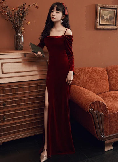 Burgundy Velvet Mermaid Square Neck Illusion Floor-Length Dress - Aabei Dress