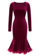 Burgundy Velvet Mermaid Square Neck Zipper Back Midi Dress - Aabei Dress