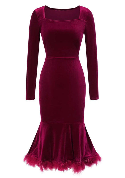 Burgundy Velvet Mermaid Square Neck Zipper Back Midi Dress - Aabei Dress
