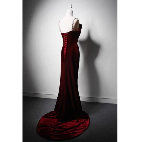 Burgundy Velvet Mermaid Sweetheart Lace Up Back Floor Length Dress Back View - Aabei Dress