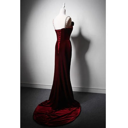Burgundy Velvet Mermaid Sweetheart Lace Up Back Floor Length Dress Back View - Aabei Dress