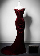 Burgundy Velvet Mermaid Sweetheart Lace Up Back Floor Length Dress Front View - Aabei Dress