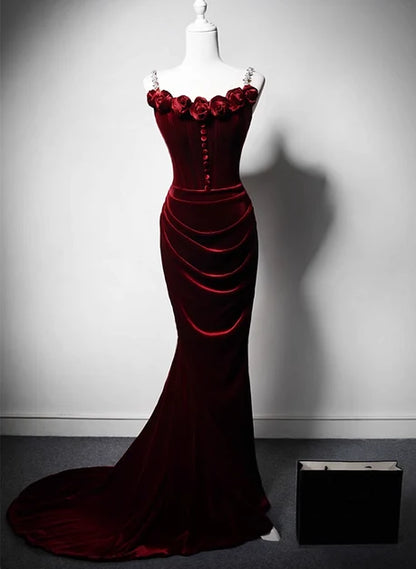 Burgundy Velvet Mermaid Sweetheart Lace Up Back Floor Length Dress Front View - Aabei Dress
