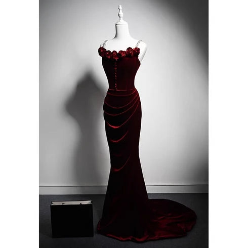 Burgundy Velvet Mermaid Sweetheart Lace Up Back Floor Length Dress - Aabei Dress
