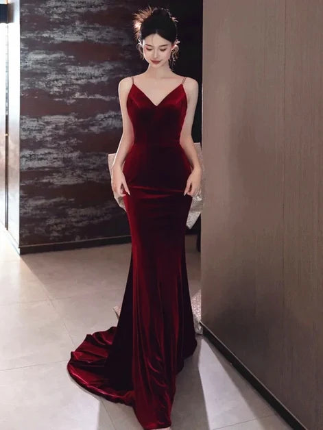 Burgundy Velvet Mermaid V-Neck Low Back Floor-Length Dress Front View - Aabei Dress