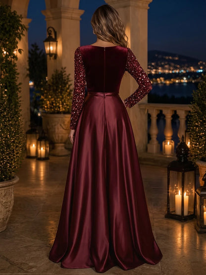 Burgundy Velvet Sequin & Satin A Line Plunging V Neck Floor Length Dress Back View - Aabei Dress