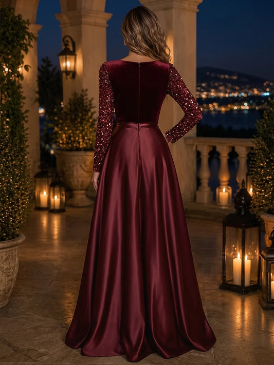 Burgundy Velvet Sequin & Satin A Line Plunging V Neck Floor Length Dress Back View - Aabei Dress