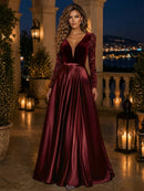 Burgundy Velvet Sequin & Satin A Line Plunging V Neck Floor Length Dress Front View - Aabei Dress