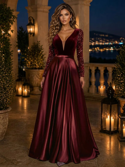 Burgundy Velvet Sequin & Satin A Line Plunging V Neck Floor Length Dress Front View - Aabei Dress