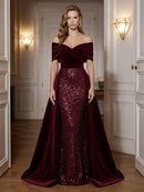 Burgundy Velvet & Sequin Sheath Column with Overskirt Floor-Length Dress Front View - Aabei Dress