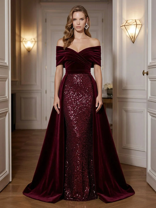Burgundy Velvet & Sequin Sheath Column with Overskirt Floor-Length Dress Front View - Aabei Dress