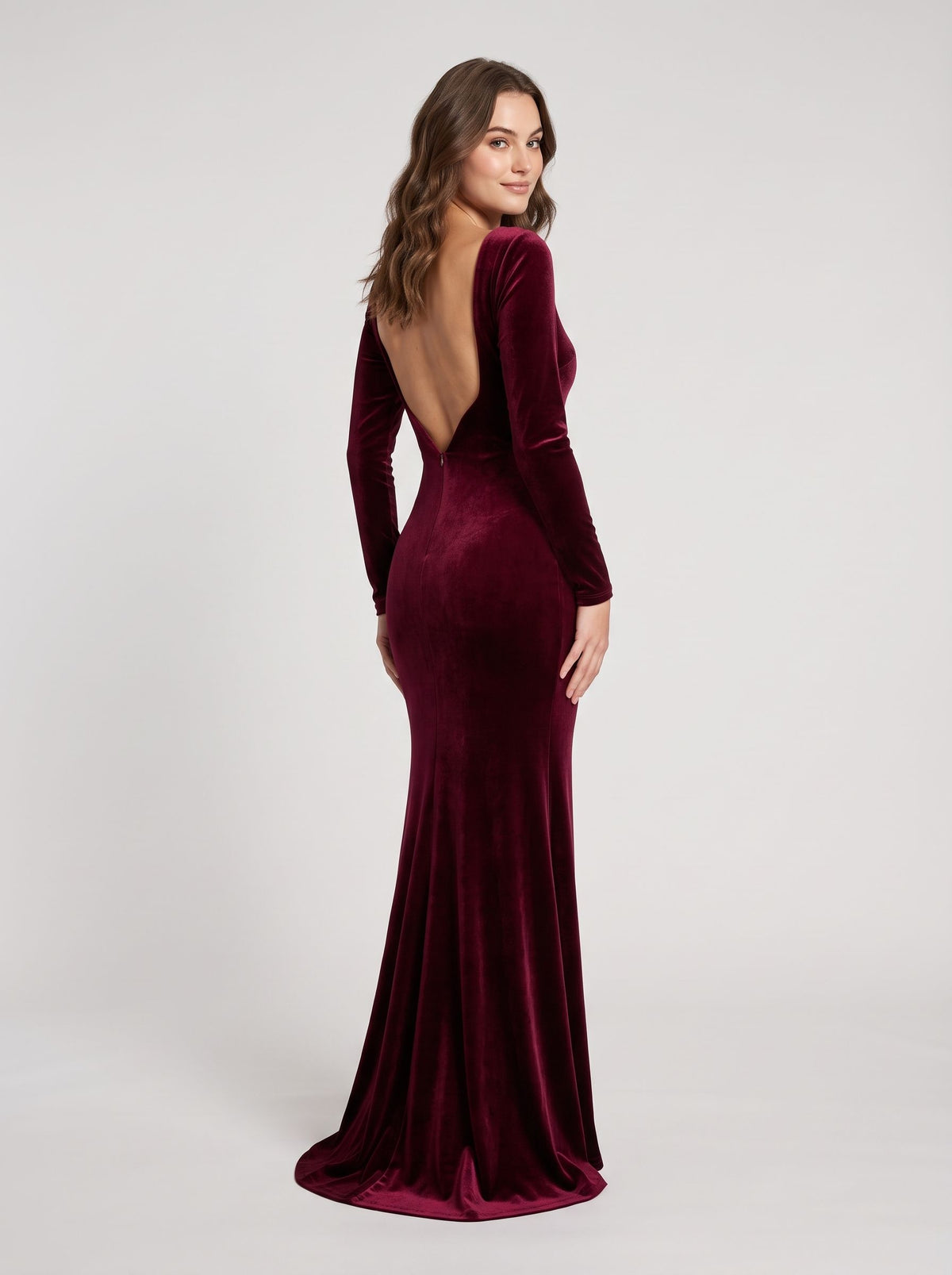 Burgundy Velvet Sheath Column Boat Neck Open Back Floor Length Dress Back View - Aabei Dress