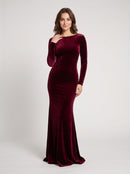 Burgundy Velvet Sheath Column Boat Neck Open Back Floor Length Dress Front View - Aabei Dress