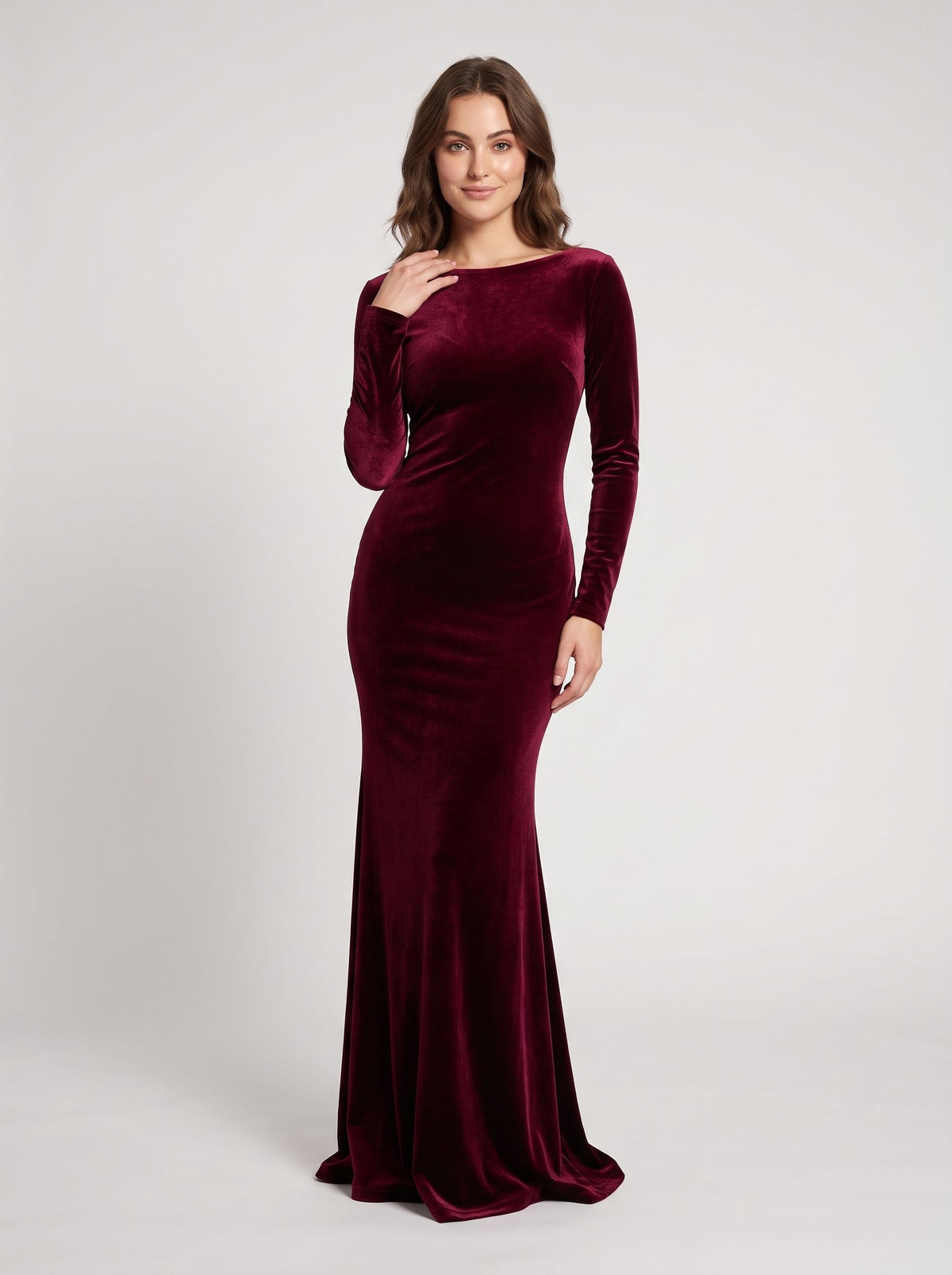 Burgundy Velvet Sheath Column Boat Neck Open Back Floor Length Dress Front View - Aabei Dress