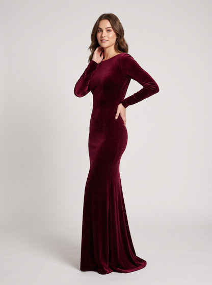 Burgundy Velvet Sheath Column Boat Neck Open Back Floor Length Dress - Aabei Dress