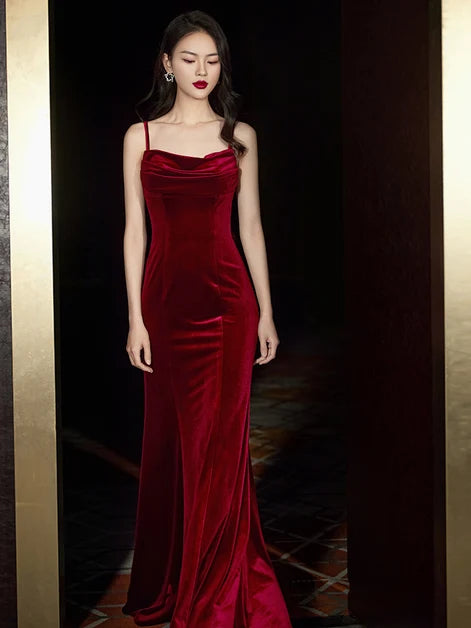 Burgundy Velvet Sheath/column Cowl Neck Backless Floor-Length Dress Front View - Aabei Dress
