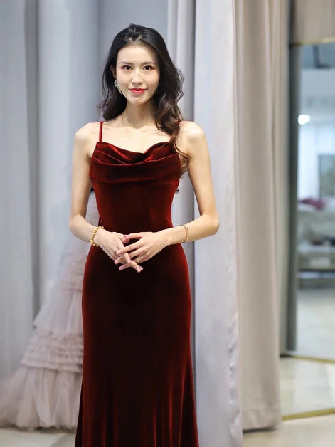 Burgundy Velvet Sheath/column Cowl Neck Backless Floor-Length Dress - Aabei Dress
