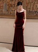 Burgundy Velvet Sheath Column Cowl Neck Low Back with Bow Floor-Length Dress Front View - Aabei Dress