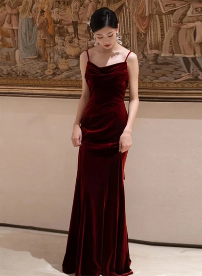 Burgundy Velvet Sheath Column Cowl Neck Low Back with Bow Floor-Length Dress Front View - Aabei Dress