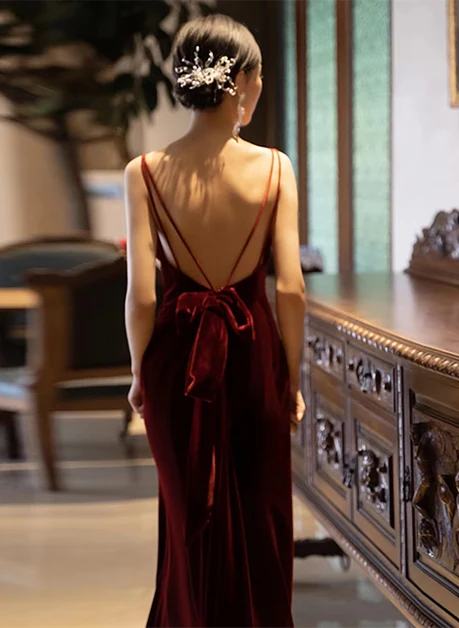 Burgundy Velvet Sheath Column Cowl Neck Low Back with Bow Floor-Length Dress - Aabei Dress