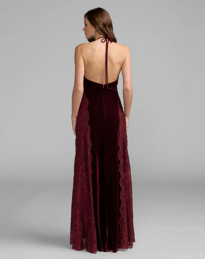 Burgundy Velvet Sheath Column Halter Open Back Floor Length Dress Back View - Aabei Dress
