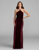 Burgundy Velvet Sheath Column Halter Open Back Floor Length Dress Front View - Aabei Dress