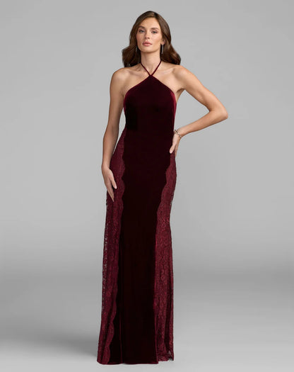 Burgundy Velvet Sheath Column Halter Open Back Floor Length Dress Front View - Aabei Dress