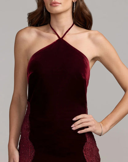 Burgundy Velvet Sheath Column Halter Open Back Floor Length Dress - Aabei Dress