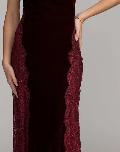 Burgundy Velvet Sheath Column Halter Open Back Floor Length Dress - Aabei Dress