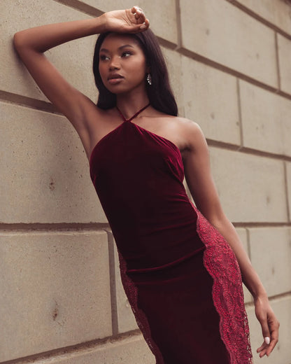 Burgundy Velvet Sheath Column Halter Open Back Floor Length Dress - Aabei Dress