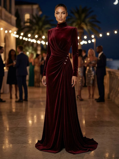 Burgundy Velvet sheath-column high-neck zipper-back floor-length Dress - Aabei Dress