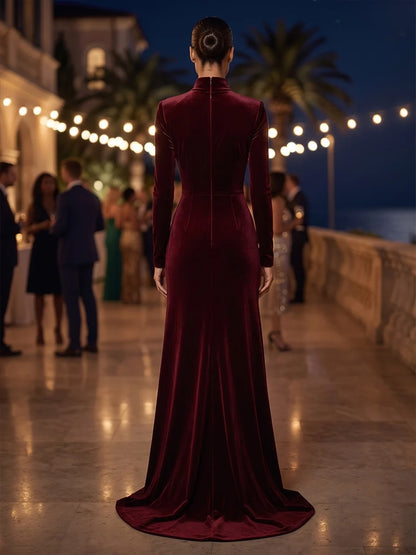 Burgundy Velvet sheath-column high-neck zipper-back floor-length Dress - Aabei Dress