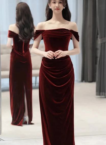 Burgundy Velvet Sheath Column Off-the-Shoulder Back Zip Floor-Length Dress - Aabei Dress