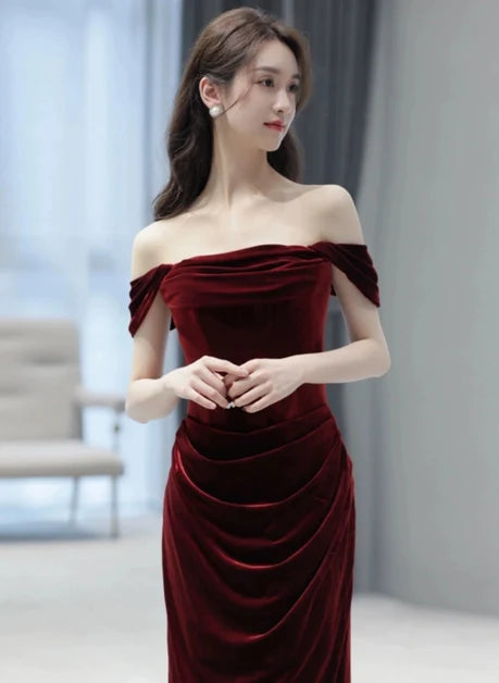 Burgundy Velvet Sheath Column Off-the-Shoulder Back Zip Floor-Length Dress - Aabei Dress
