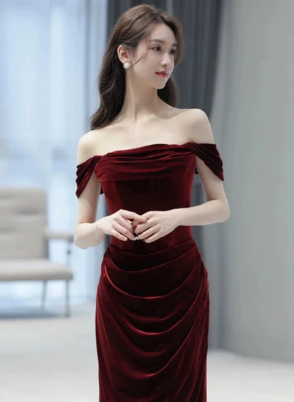 Burgundy Velvet Sheath Column Off-the-Shoulder Back Zip Floor-Length Dress - Aabei Dress