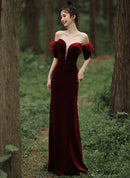 Burgundy Velvet Sheath Column Off The Shoulder Zipper Back Floor Length Dress - Aabei Dress