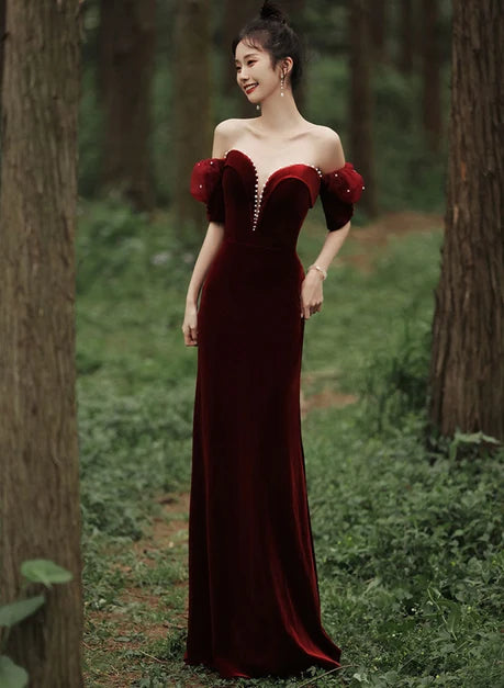 Burgundy Velvet Sheath Column Off The Shoulder Zipper Back Floor Length Dress - Aabei Dress