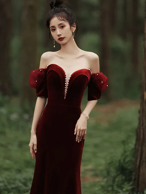 Burgundy Velvet Sheath Column Off The Shoulder Zipper Back Floor Length Dress - Aabei Dress