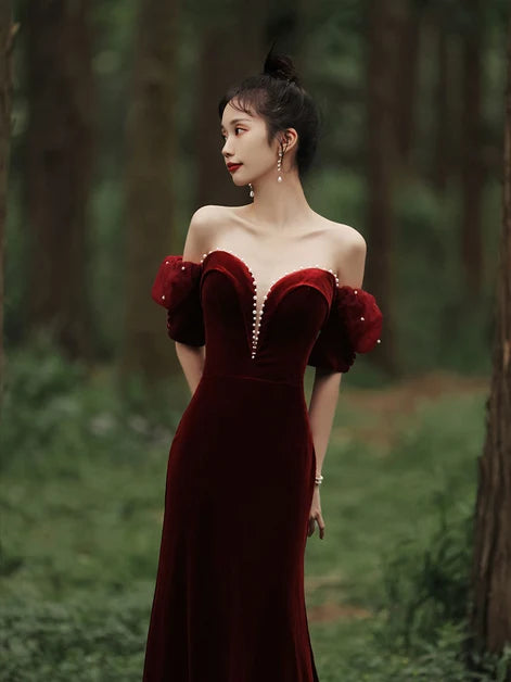 Burgundy Velvet Sheath Column Off The Shoulder Zipper Back Floor Length Dress - Aabei Dress