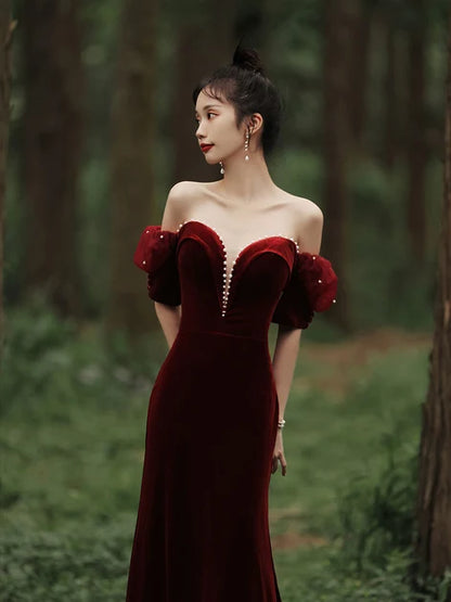 Burgundy Velvet Sheath Column Off The Shoulder Zipper Back Floor Length Dress - Aabei Dress
