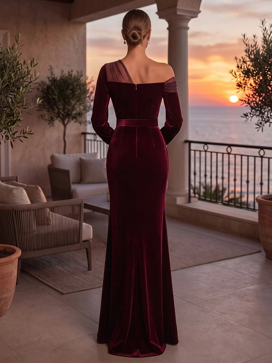 Burgundy Velvet sheath-column one-shoulder zipper-back floor-length Dress Back View - Aabei Dress