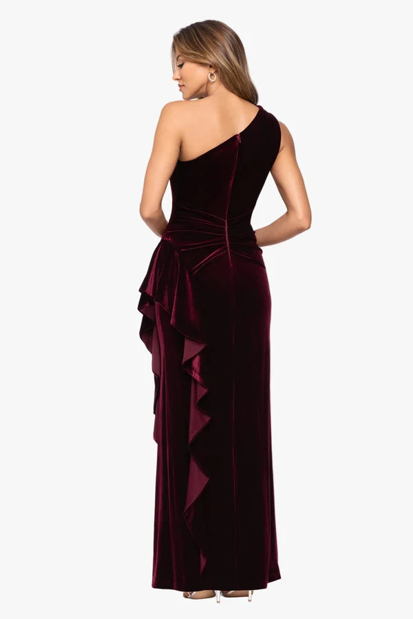 Burgundy Velvet Sheath Column One Shoulder Zipper Back Floor Length Dress Back View - Aabei Dress