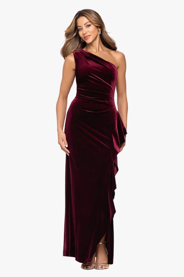 Burgundy Velvet Sheath Column One Shoulder Zipper Back Floor Length Dress Front View - Aabei Dress