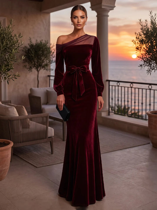 Burgundy Velvet sheath-column one-shoulder zipper-back floor-length Dress Front View - Aabei Dress